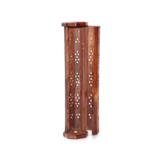 Wood Carved Tower Incense Burner Brass Inlay Hexagonal