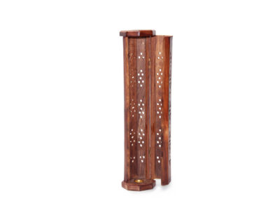 Wood Carved Tower Incense Burner Brass Inlay Hexagonal